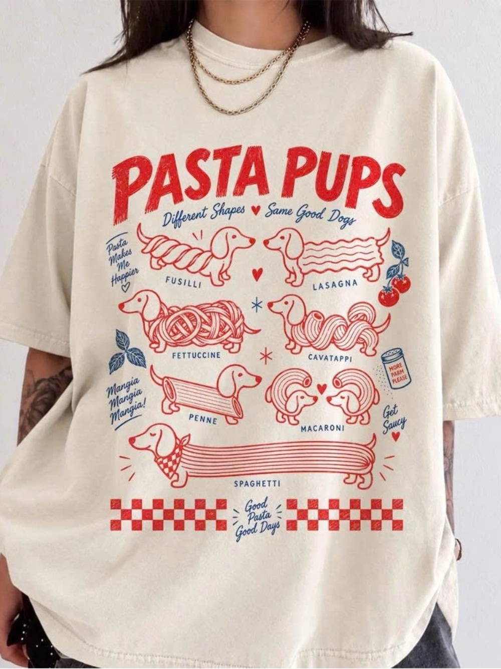 Vintage Cream Pasta Pups Graphic Funny Dachshund T-Shirt
